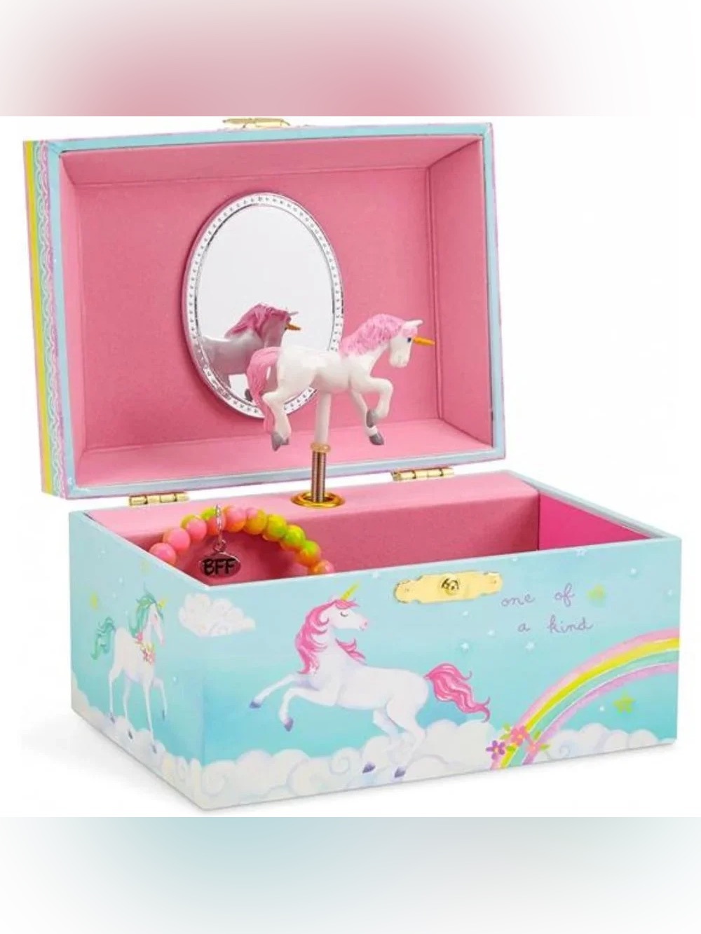 Girl's Musical Jewelry Storage Box with Spinning Unicorn, 6 x 4.65 x 3.5 inches